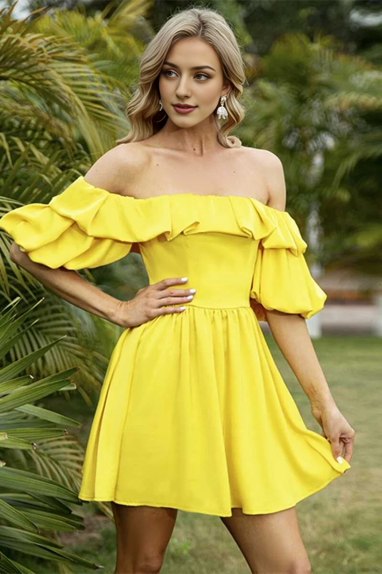 Vestido de fiesta corto con volantes, mangas abullonadas y hombros descubiertos